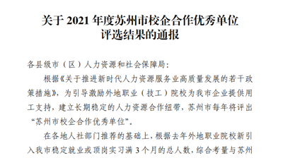 华体会体育·(中国)官方网站获评2021年度苏州校企合作优秀单位